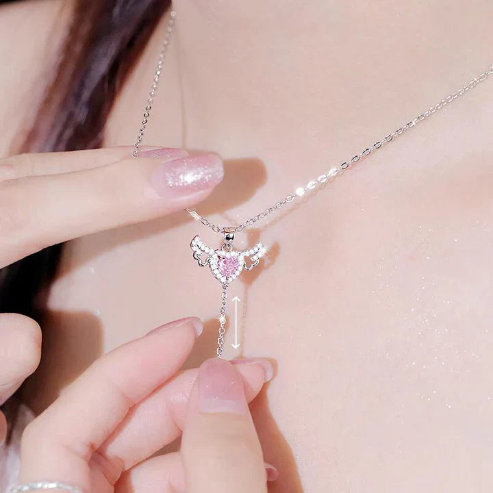 Movable Pink Crystal Zircon Diamond Love Heart Angel Wings Pendant Necklace