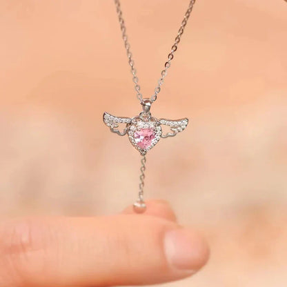 Movable Pink Crystal Zircon Diamond Love Heart Angel Wings Pendant Necklace