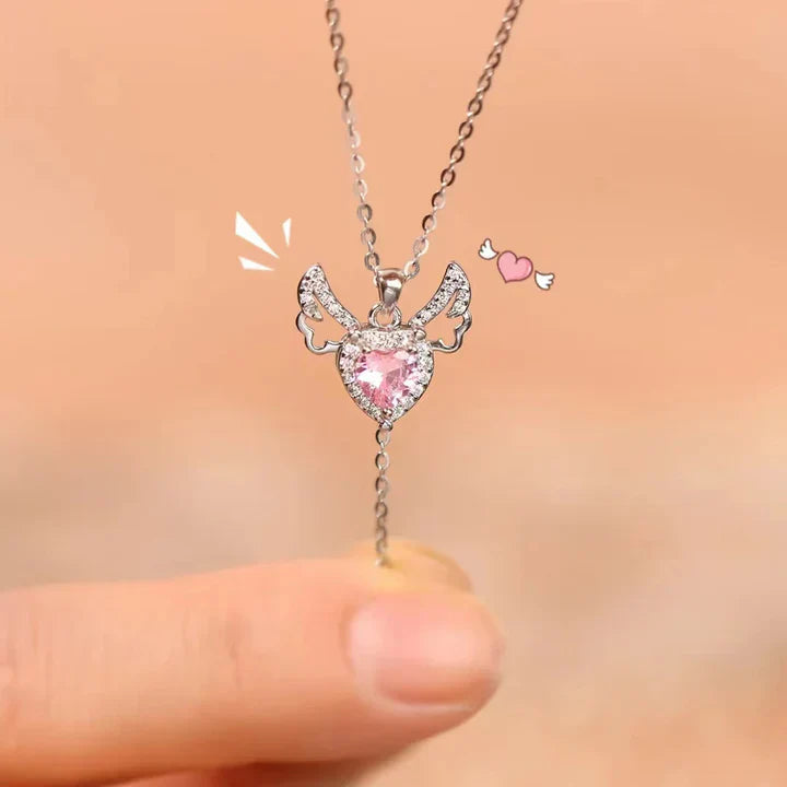 Movable Pink Crystal Zircon Diamond Love Heart Angel Wings Pendant Necklace