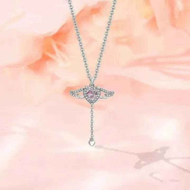 Movable Pink Crystal Zircon Diamond Love Heart Angel Wings Pendant Necklace