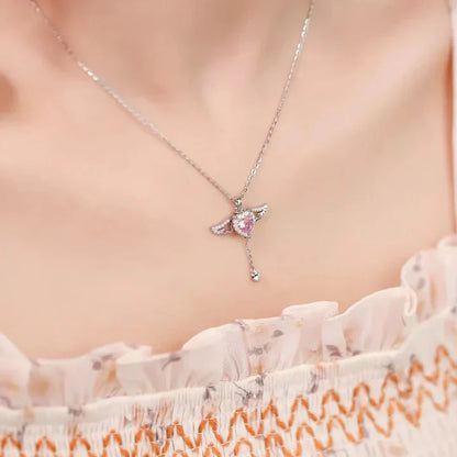 Movable Pink Crystal Zircon Diamond Love Heart Angel Wings Pendant Necklace