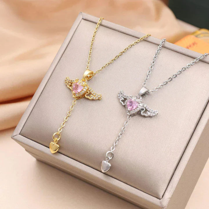 Movable Pink Crystal Zircon Diamond Love Heart Angel Wings Pendant Necklace