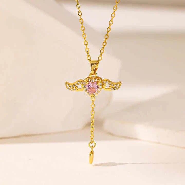 Movable Pink Crystal Zircon Diamond Love Heart Angel Wings Pendant Necklace