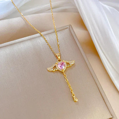 Movable Pink Crystal Zircon Diamond Love Heart Angel Wings Pendant Necklace