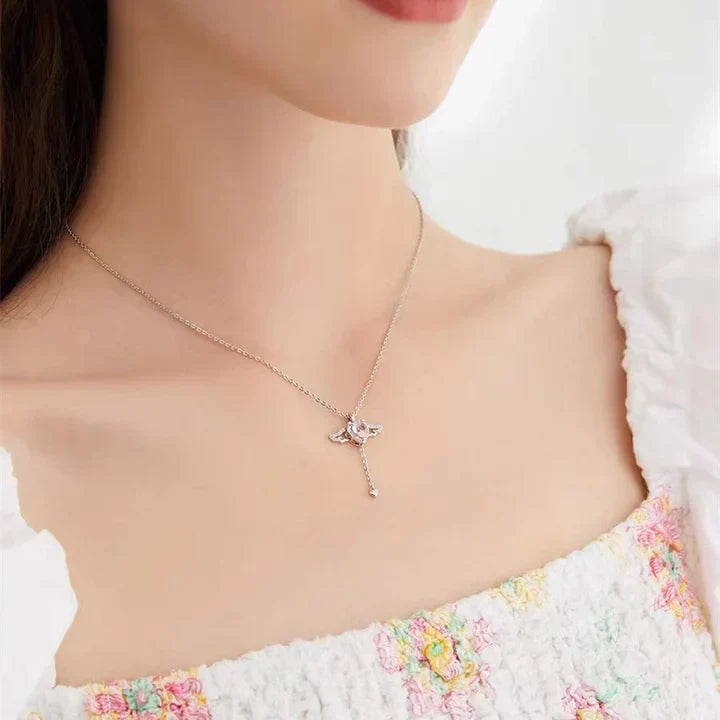 Movable Pink Crystal Zircon Diamond Love Heart Angel Wings Pendant Necklace